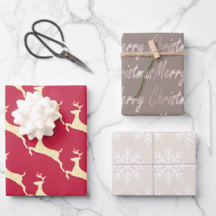 Elegant Taupe Cream Red Reindeer Snowflake Inpakpapier Vel