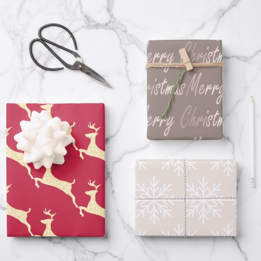 Elegant Taupe Cream Red Reindeer Snowflake Inpakpapier Vel (Voorkant)