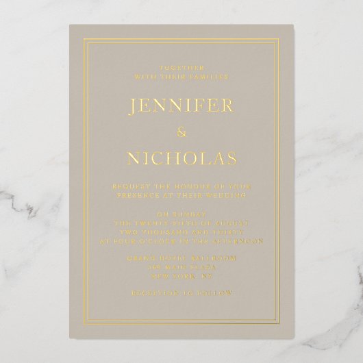 Élégant Taupe Formale Mariage Gold Foil Invitation (Recto)