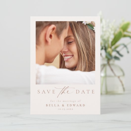 Elegant Taupe Ivory Foto Bruiloft Save The Date (Staand voorkant)