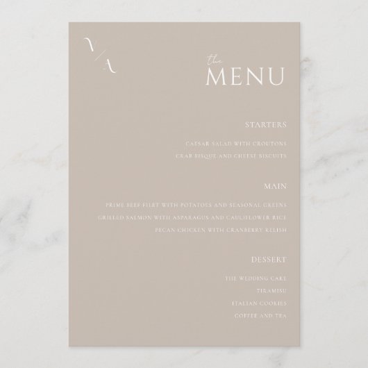 Elégant Taupe Moderne Minimaliste Menu Mariage (Devant)