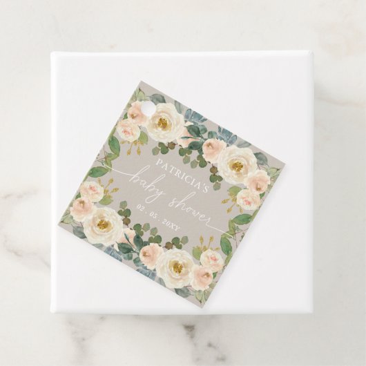 Elegant Taupe Peach Bloemen Baby shower Bedankjes Labels (In situ)