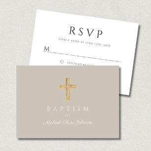 Elegant Taupe Religieus Kruisdoopsel RSVP Kaartje