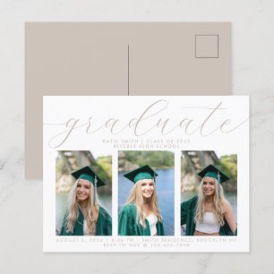 Elegant Taupe Script Minimalist Afstuderen 3 Foto Uitnodiging Briefkaart