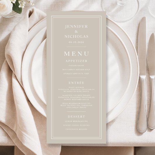 Elegant Taupe Wedding Menu