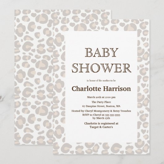 Elegant Taupe & White Cheetah Print Baby shower Kaart (Voorkant / Achterkant)