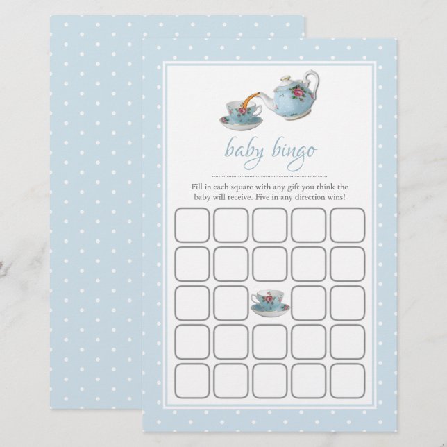 Elegant Teacups Baby shower Tea Party Bingo (Voorkant / Achterkant)