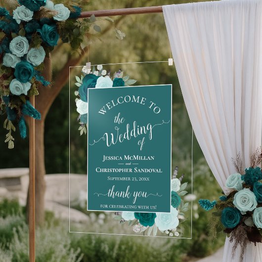 Elegant Teal & Aqua Boho Roses Wedding Welcome