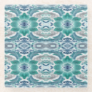 Elegant Teal & Blauw Barok Bloemmotief Glazen Onderzetter