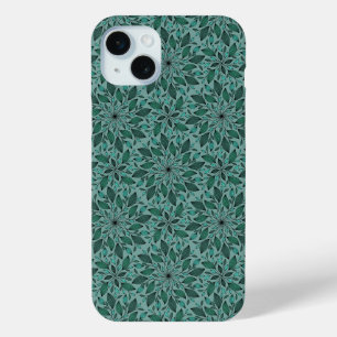 Elegant Teal Bloempatroon met Leaf Mandala iPhone 15 Mini Hoesje