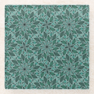 Elegant Teal Bloempatroon met Leaf Mandala Glazen Onderzetter