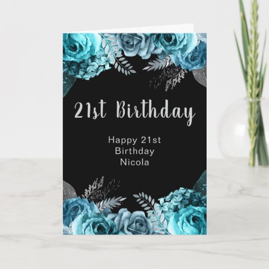 Elegant Teal Blue and Silver Flower Birthday Party Kaart (Voorkant)