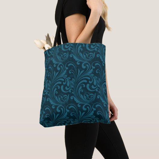 Elegant Teal Blue Baroque Floral Pattern  Draagtas (Dichtbij)