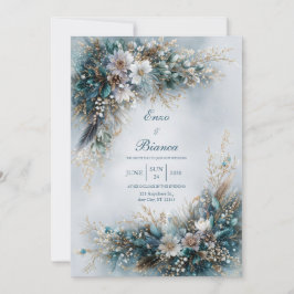 Elegant Teal Blue Floral Gold Feather Wedding Kaart