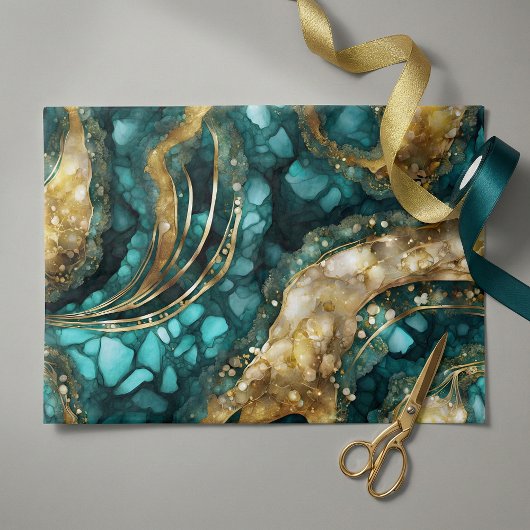 Elegant Teal Blue Gold Agate Geode Marble Abstract Tissuepapier