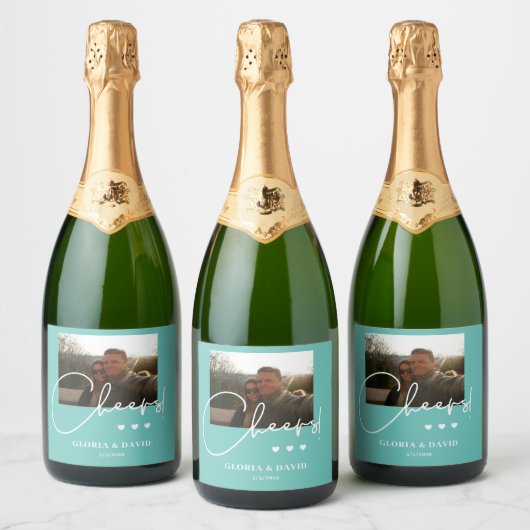 Elegant Teal Cheers Wedding  Sparkling Wijnetiket (Flessen)