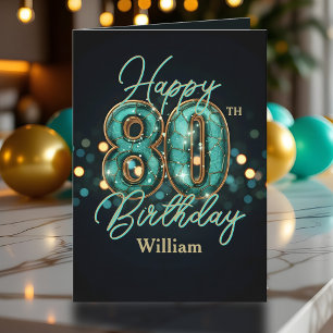 Elegant Teal en Gouden Metaal 80e Verjaardag Kaart