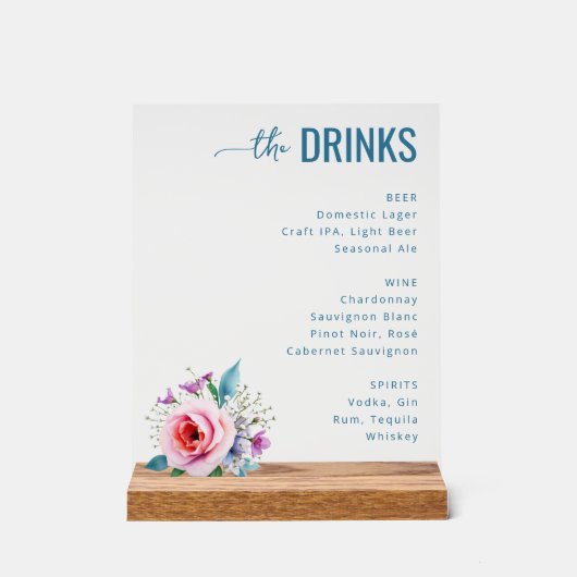 Elegant Teal Floral Beverage Menu Acryl Bord (Voorkant)