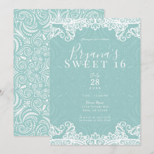 Elegant Teal Turquoise Witte Kant Sweet 16 Feest Kaart