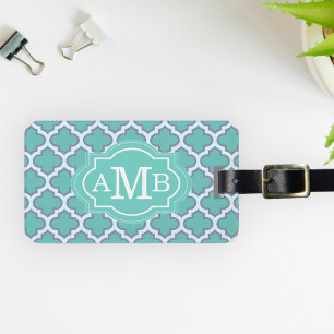 Elegant Teal Vierbladig Patroon Aangepaste Monogra Bagagelabel