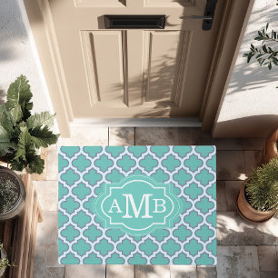 Elegant Teal Vierbladig Patroon Aangepaste Monogra Deurmat