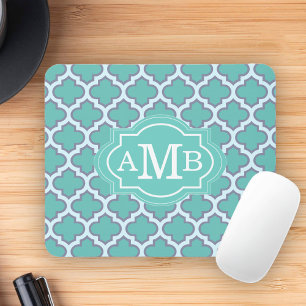 Elegant Teal Vierbladig Patroon Aangepaste Monogra Muismat