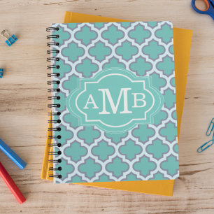 Elegant Teal Vierbladig Patroon Aangepaste Monogra Notitieboek