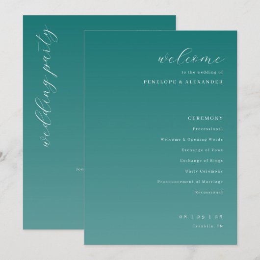 Elegant Teal Wedding Ceremony Program Programma (Voorkant / Achterkant)