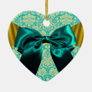 ELEGANT TEAL WIT DAMAST BLAUWE LINT MONOGRAM KERAMISCH ORNAMENT