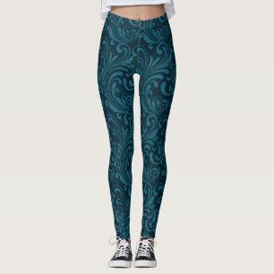 Elegant Tealblauw Barok Bloempatroon Leggings