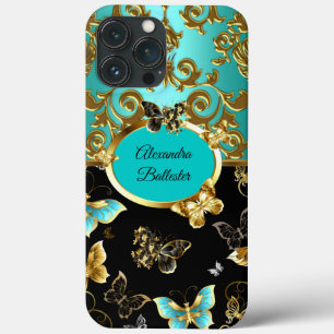 Elegant Tealblauw Damast Bloem Vlinder Goud iPhone 13 Pro Max Hoesje
