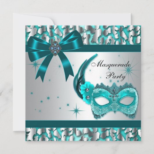 Elegant Tealblauwe Luipaard Maskerade Feest Kaart (Voorkant)
