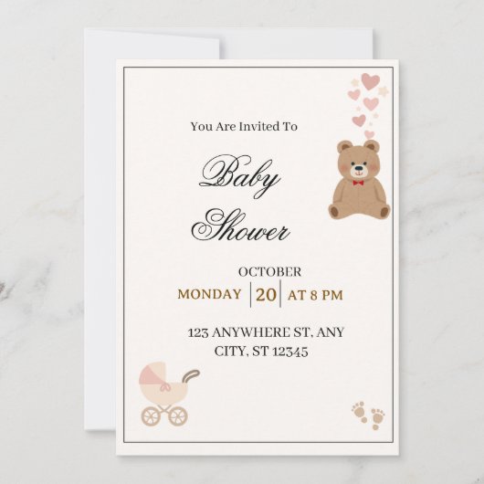 Elegant Teddy Bear Baby Shower Invitation (Devant)