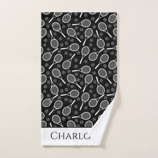 Elegant Tennis Ball Racket Pattern Stijlvol zwart Bad Handdoek (Handdoek)