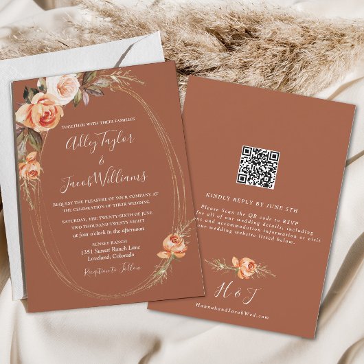 Elegant Terracotta Boho Floral QR Code Wedding Kaart