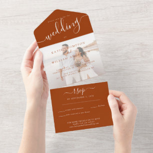 Elegant Terracotta Calligraphy Photo Wedding All In One Uitnodiging