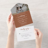 Elegant Terracotta Monogram Foto RSVP Bruiloft All In One Uitnodiging (Afscheurbaar)