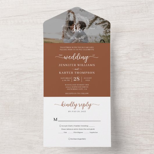 Elegant Terracotta Monogram Foto RSVP Bruiloft All In One Uitnodiging (Binnen)
