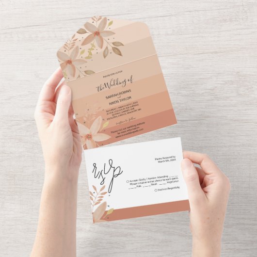 Elegant Terracotta Ombre Waterverf Flowers All In One Uitnodiging (Afscheurbaar)