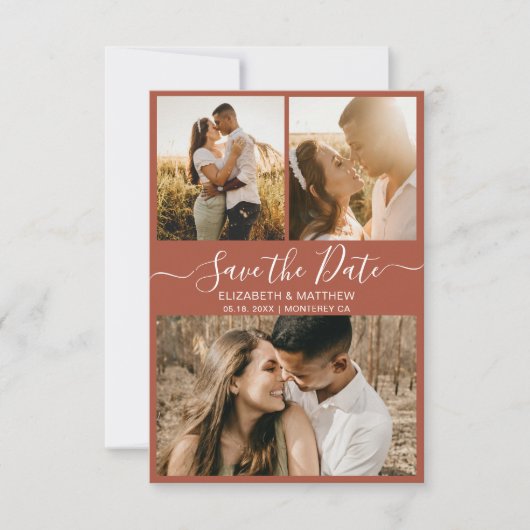 Elegant Terracotta Script Photo Collage Wedding Save The Date (Voorkant)