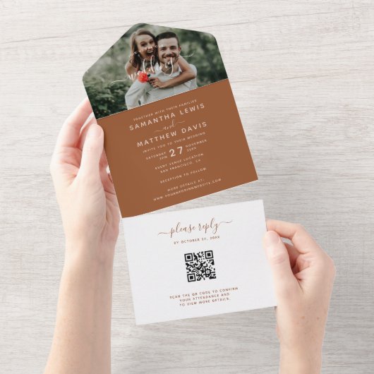 Elegant Terracotta Script Photo Weddenschap QR Cod All In One Uitnodiging (Afscheurbaar)