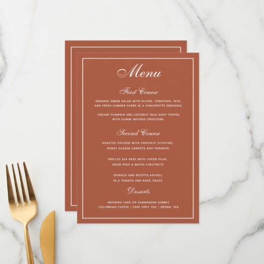 Elegant Terracotta White Script Wedding Menu (Voorkant / Achterkant in situ)