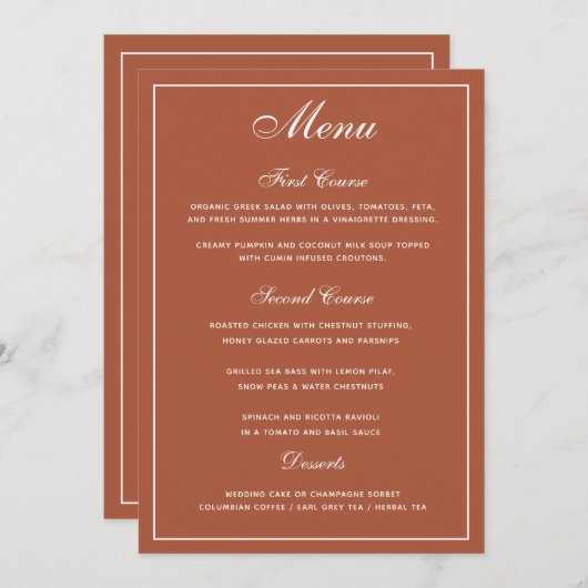 Elegant Terracotta White Script Wedding Menu (Voorkant / Achterkant)