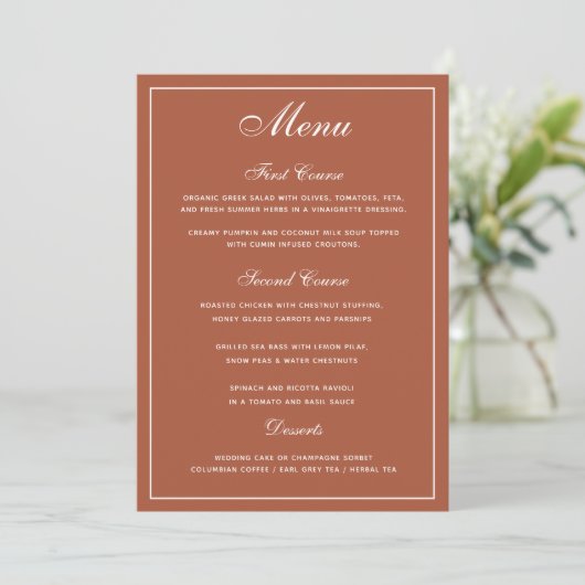 Elegant Terracotta White Script Wedding Menu (Staand voorkant)