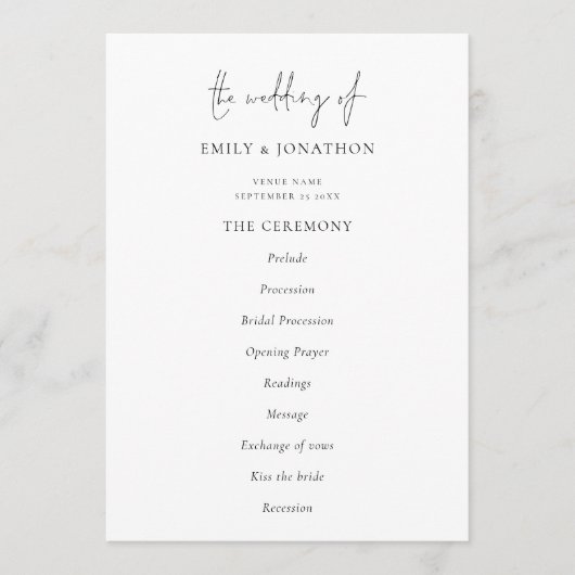 Elegant Text Black White Wedding Program Programma (Voorkant)