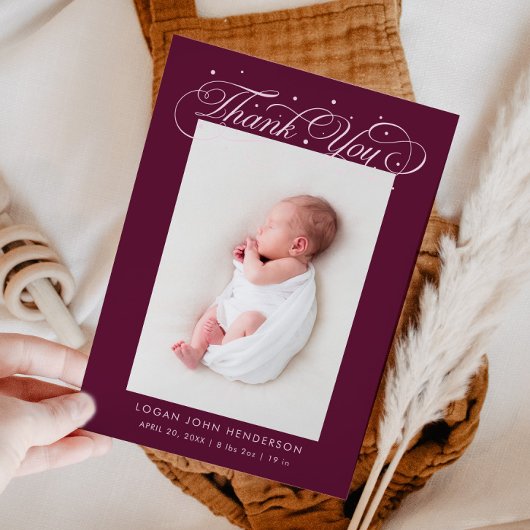 Elegant Thank You Calligraphy Cranberry Birth Aankondiging