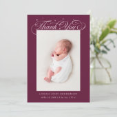 Elegant Thank You Calligraphy Cranberry Birth Aankondiging (Staand voorkant)