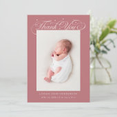 Elegant Thank You Calligraphy Pink Birth Aankondiging (Staand voorkant)