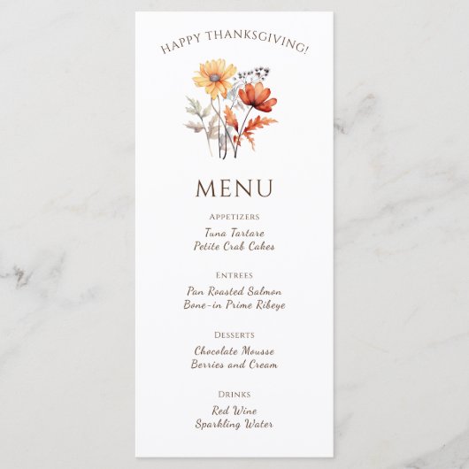Elegant Thanksgiving Diner Bloemen Rustieke Herfst Menu (Voorkant)