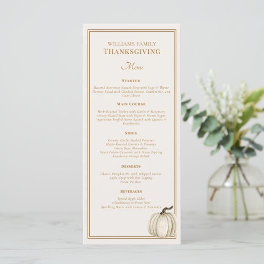 Elegant Thanksgiving Dinner Fall White Pumpkin Menu (Staand voorkant)